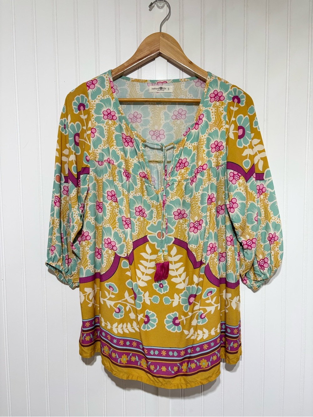 Natural Life Floral Boho Tunic Top Tassel 3/4 Sleeve Oversized Size Small